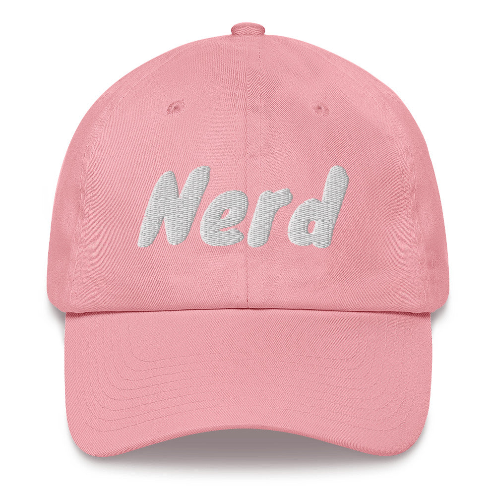 Dad hat with the slogan Nerd in white thread against coloured caps by BillingtonPix