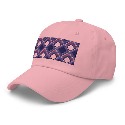 Purple diamonds with purple, navy and pink tones in this geometric 1960s inspired retro design logo on this dad hat