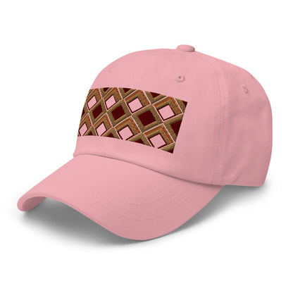 Brown diamonds with burgundy, orange and navy tones in this geometric 1960s inspired retro design logo on this dad hat