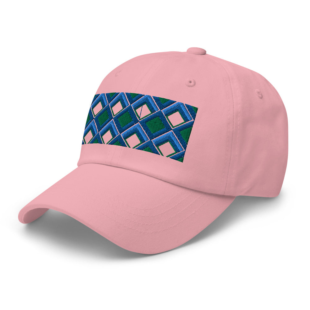 Blue diamonds with green and turquoise tones in this geometric 1960s inspired retro design logo on this dad hat