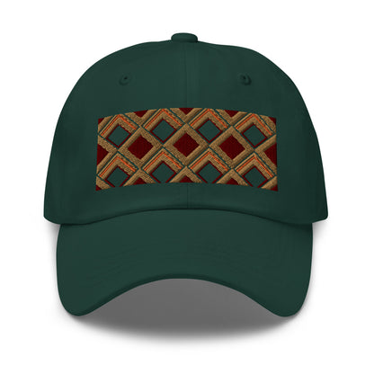 Brown diamonds with burgundy, orange and navy tones in this geometric 1960s inspired retro design logo on this dad hat