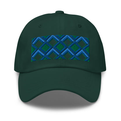 Blue diamonds with green and turquoise tones in this geometric 1960s inspired retro design logo on this dad hat