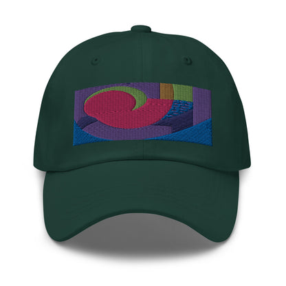 Spruce green dad hat with colorful rectangular logo containing blocks of colors of pink, purple, green and blue, curves and geometric shapes in a mid-century modernist abstract composition