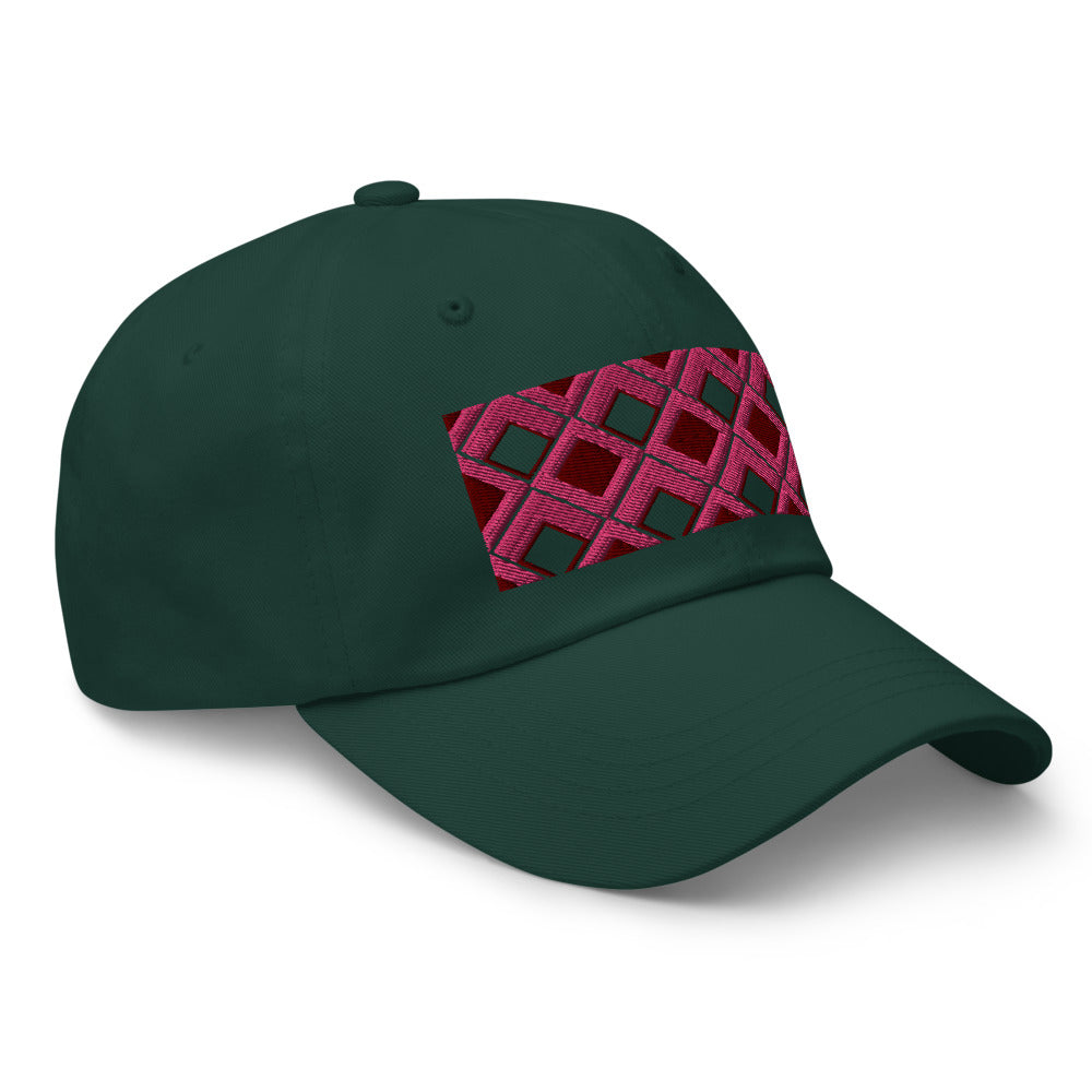 Pink diamonds with pink, burgundy and navy tones in this geometric 1960s inspired retro design logo on this dad hat