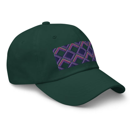 Purple diamonds with purple, navy and pink tones in this geometric 1960s inspired retro design logo on this dad hat