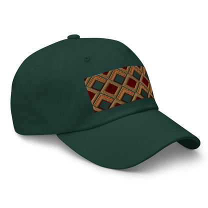 Brown diamonds with burgundy, orange and navy tones in this geometric 1960s inspired retro design logo on this dad hat