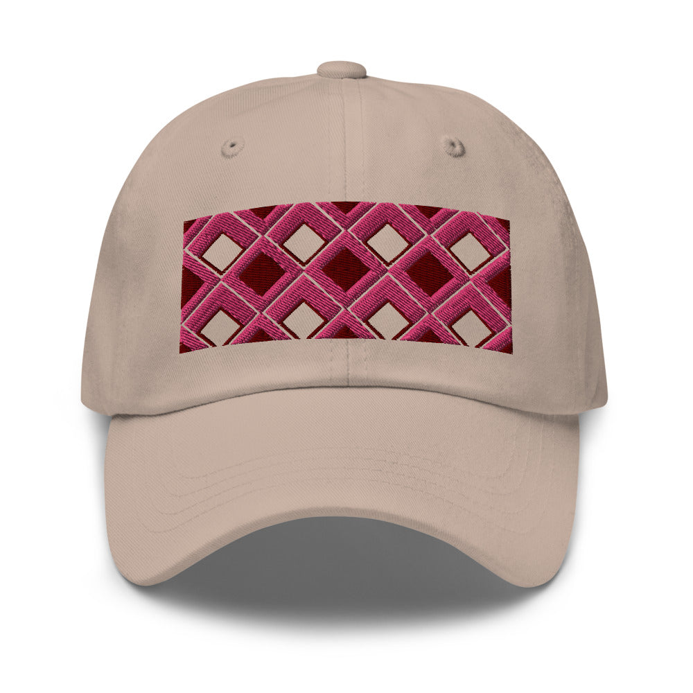 Pink diamonds with pink, burgundy and navy tones in this geometric 1960s inspired retro design logo on this dad hat