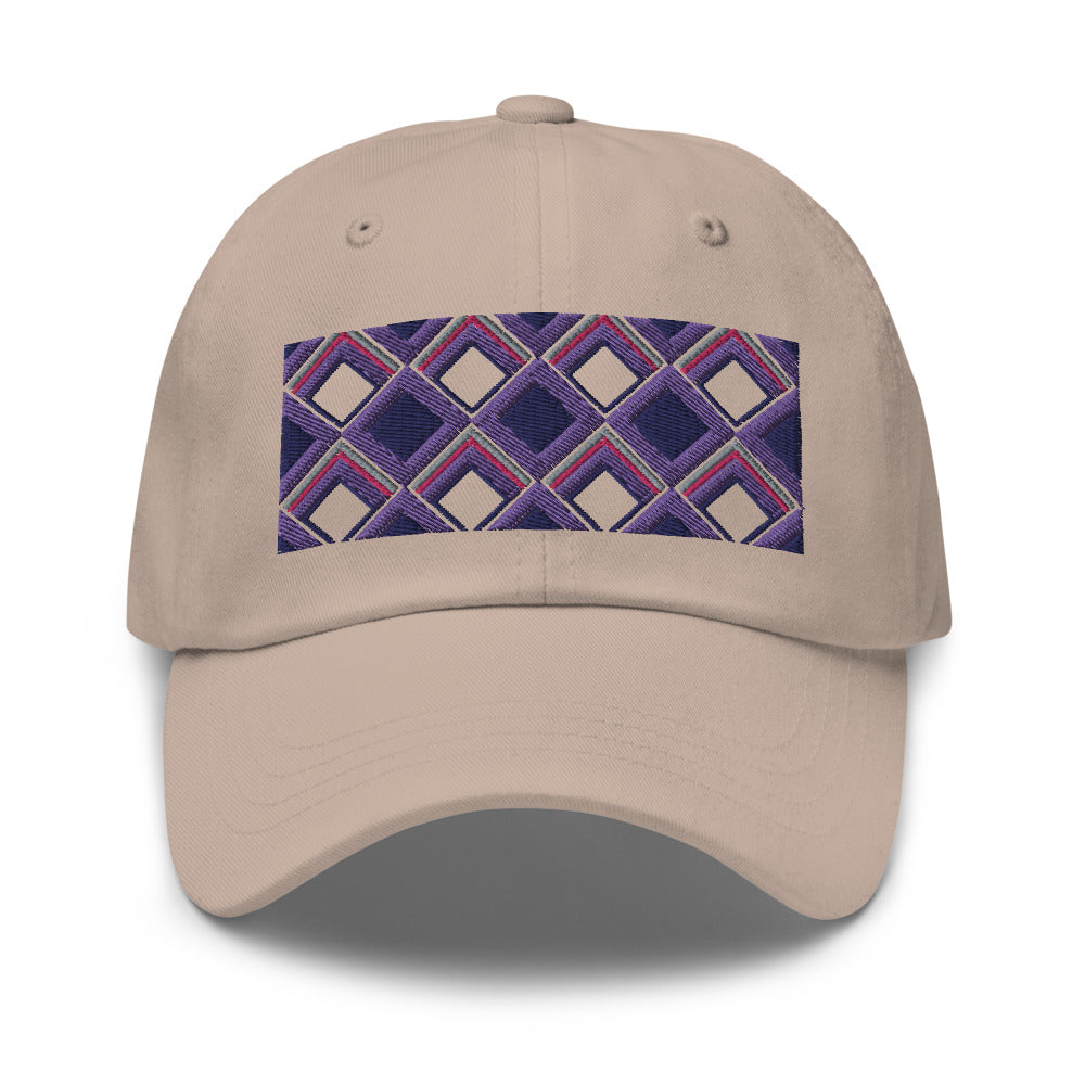 Purple diamonds with purple, navy and pink tones in this geometric 1960s inspired retro design logo on this dad hat