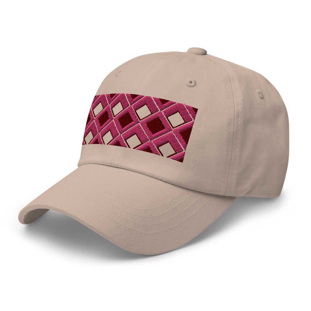 Pink diamonds with pink, burgundy and navy tones in this geometric 1960s inspired retro design logo on this dad hat