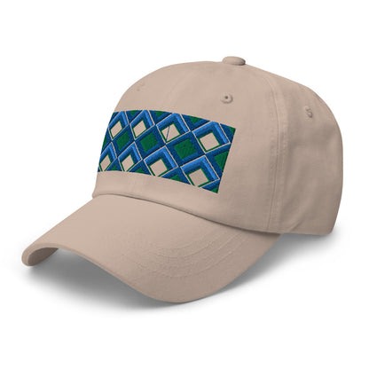 Blue diamonds with green and turquoise tones in this geometric 1960s inspired retro design logo on this dad hat