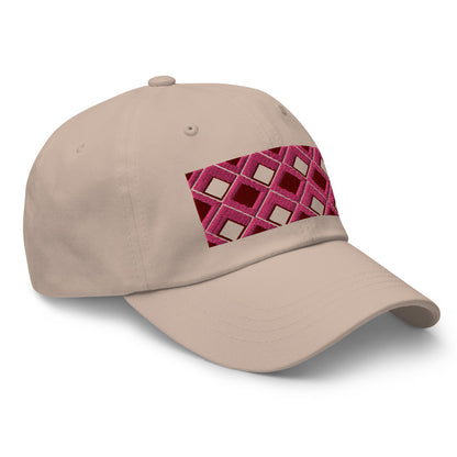 Pink diamonds with pink, burgundy and navy tones in this geometric 1960s inspired retro design logo on this dad hat