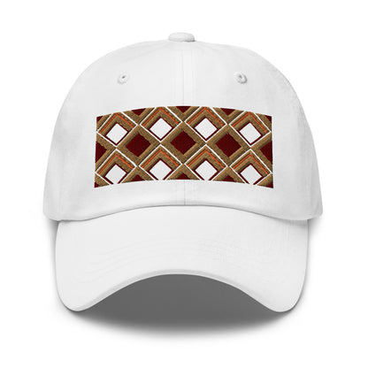 Brown diamonds with burgundy, orange and navy tones in this geometric 1960s inspired retro design logo on this dad hat