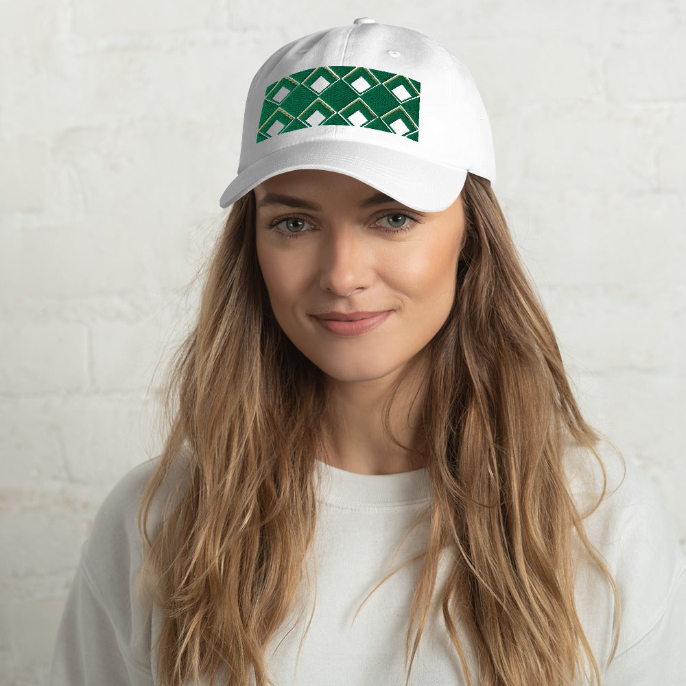 Green diamonds with green and yellow tones in this geometric 1960s inspired retro design logo on this dad hat