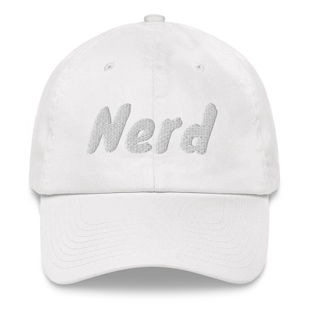 Dad hat with the slogan Nerd in white thread against coloured caps by BillingtonPix