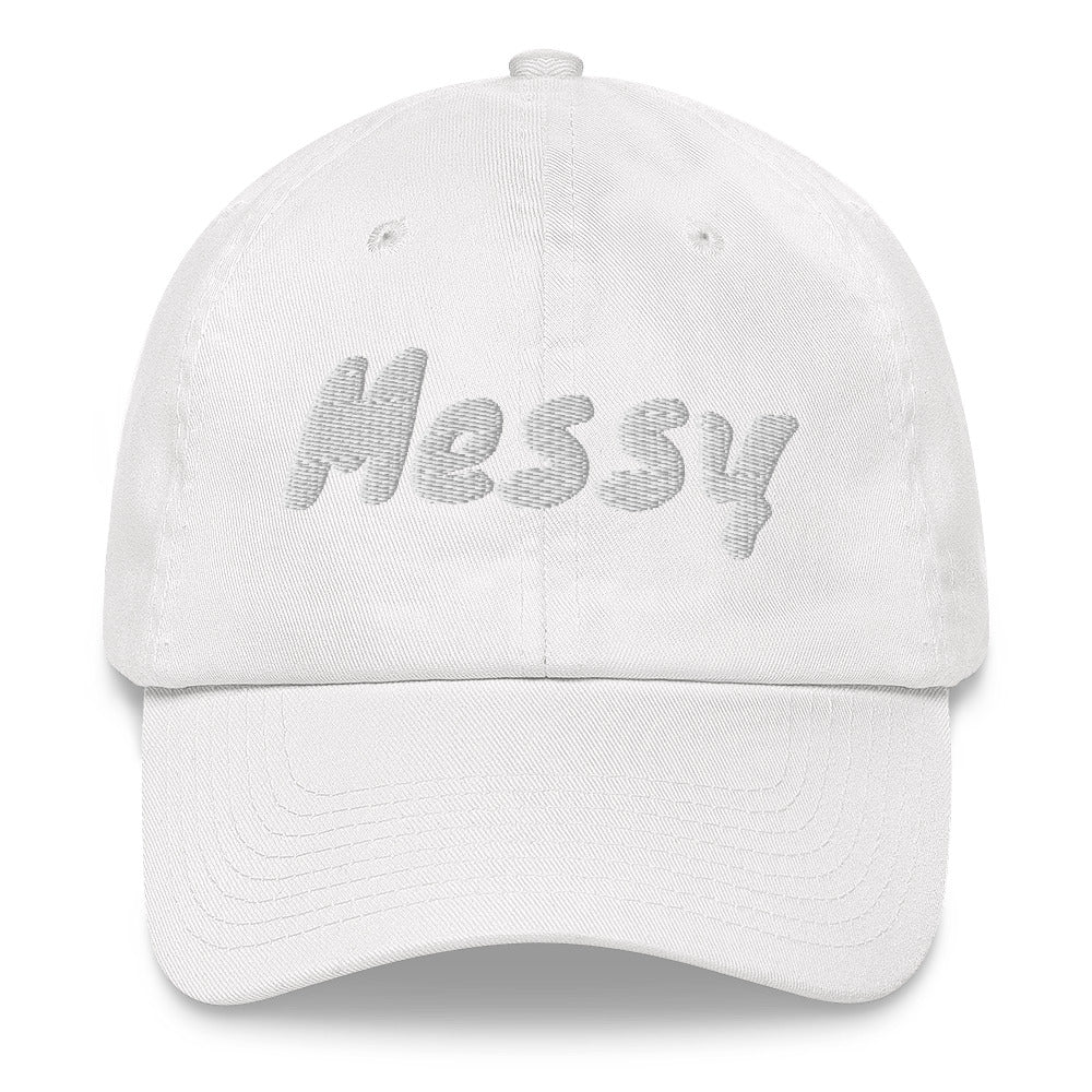 Slogan dad hat with the message Messy embroidered in front of this cap by BillingtonPix