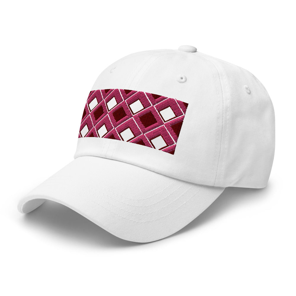 Pink diamonds with pink, burgundy and navy tones in this geometric 1960s inspired retro design logo on this dad hat