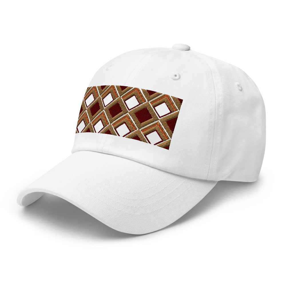 Brown diamonds with burgundy, orange and navy tones in this geometric 1960s inspired retro design logo on this dad hat