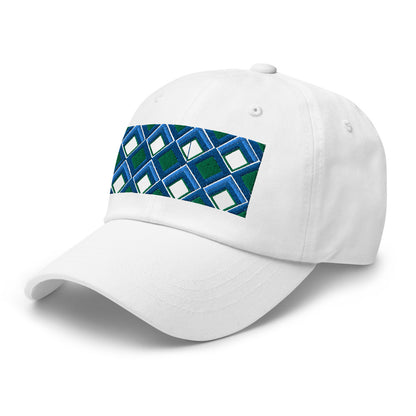 Blue diamonds with green and turquoise tones in this geometric 1960s inspired retro design logo on this dad hat