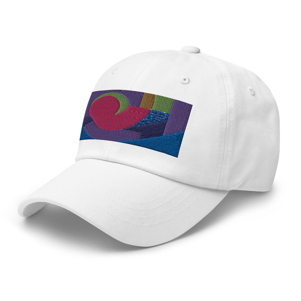 white dad hat with colorful rectangular logo containing blocks of colors of pink, purple, green and blue, curves and geometric shapes in a mid-century modernist abstract composition