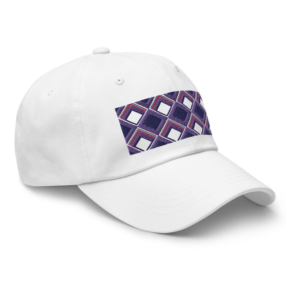 Purple diamonds with purple, navy and pink tones in this geometric 1960s inspired retro design logo on this dad hat