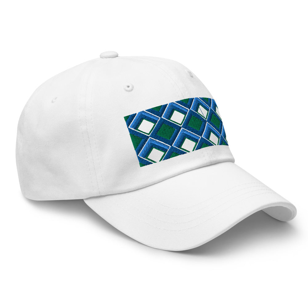 Blue diamonds with green and turquoise tones in this geometric 1960s inspired retro design logo on this dad hat