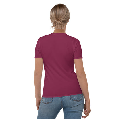 Womens burgundy t-shirt with colorful butterflies