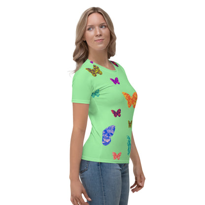 Womens light green t-shirt with colorful butterflies