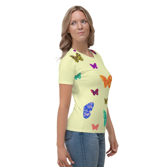 Womens pale yellow t-shirt with colorful butterflies