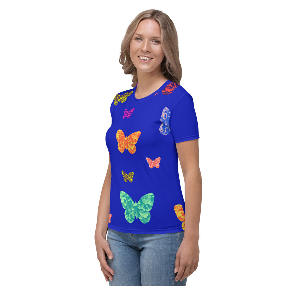 Womens blue t-shirt with colorful butterflies