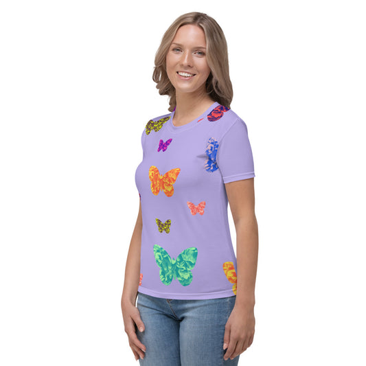 Womens lilac t-shirt with colorful butterflies