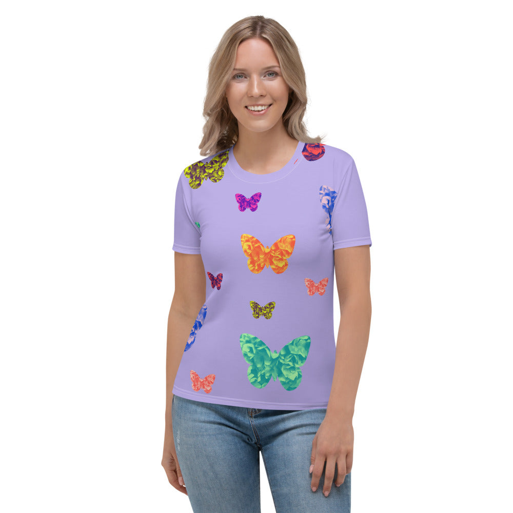 Womens lilac t-shirt with colorful butterflies