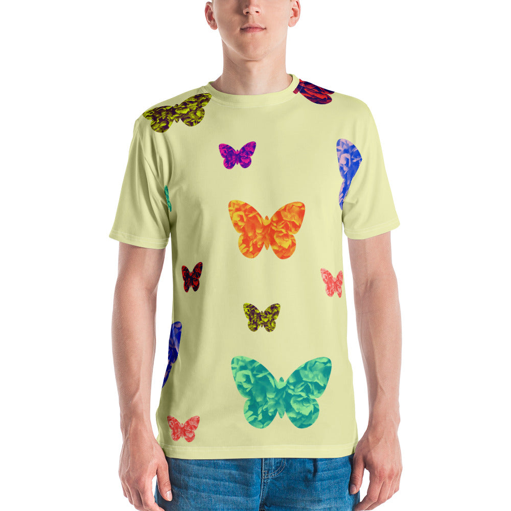 Mens light yellow t-shirt with colorful butterflies