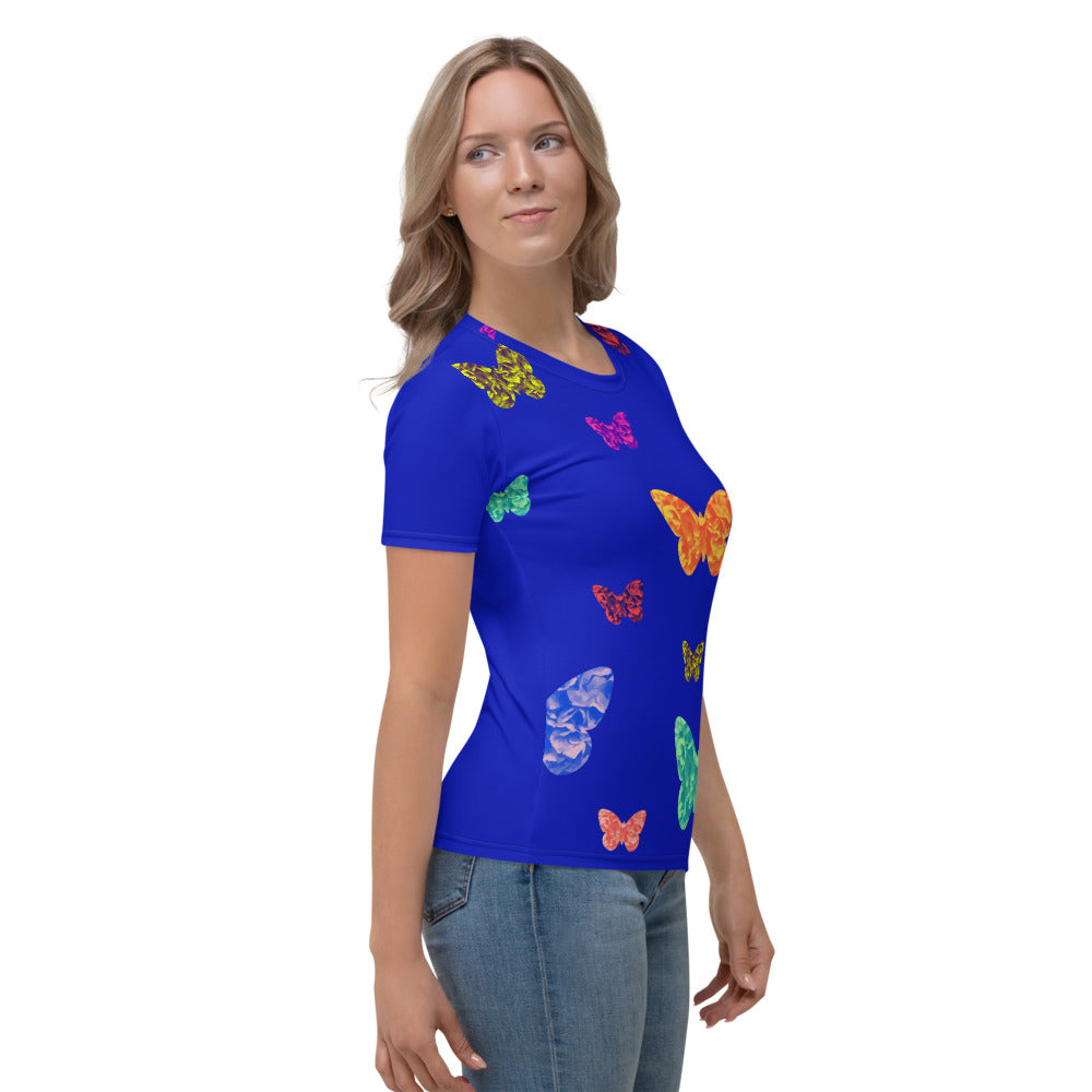 Womens blue t-shirt with colorful butterflies