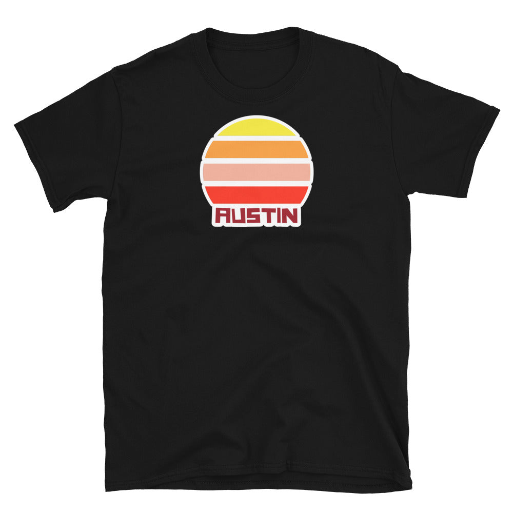 retro vintage sunset style t-shirt entitled Austin in black