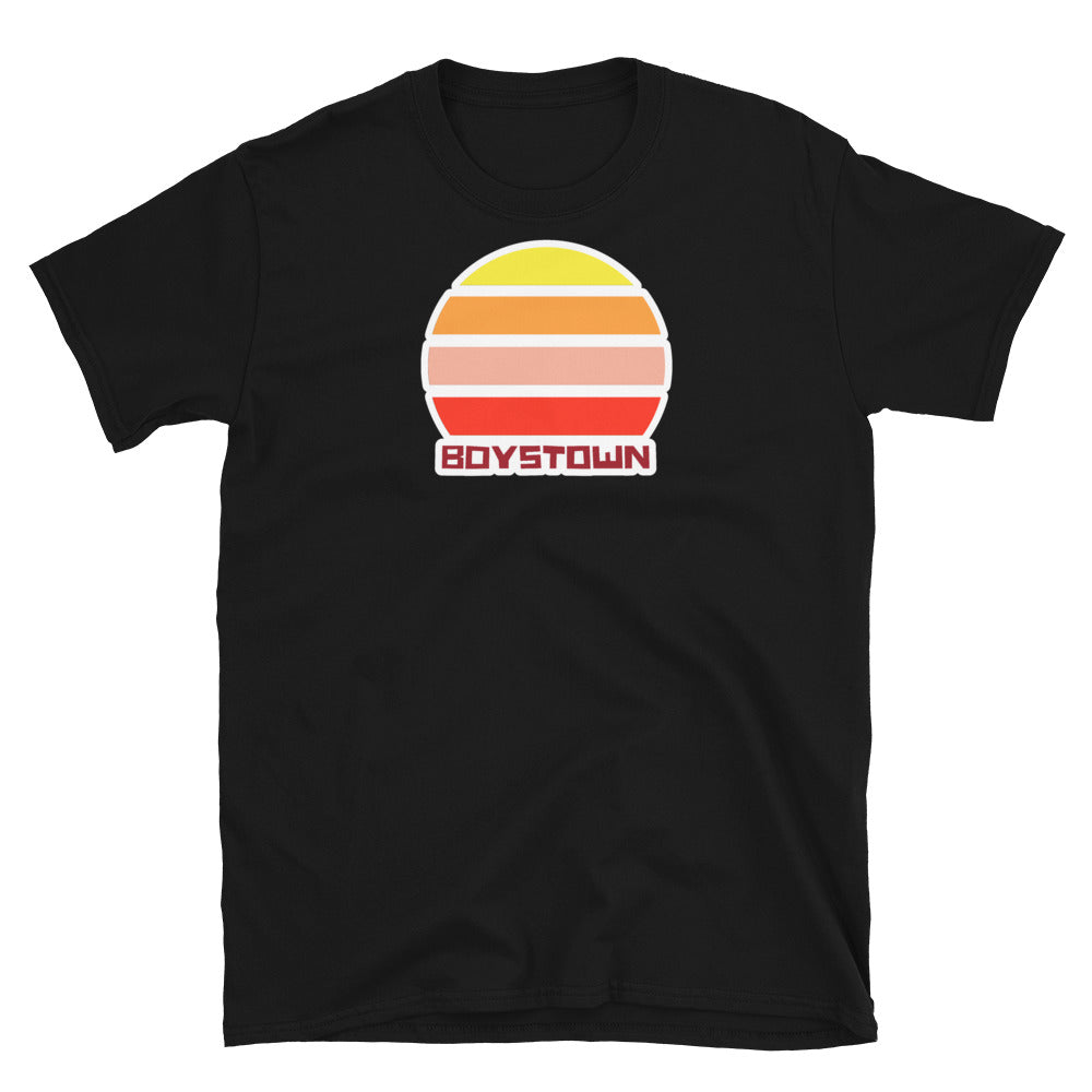 vintage sunset style t-shirt entitled Boystown in black