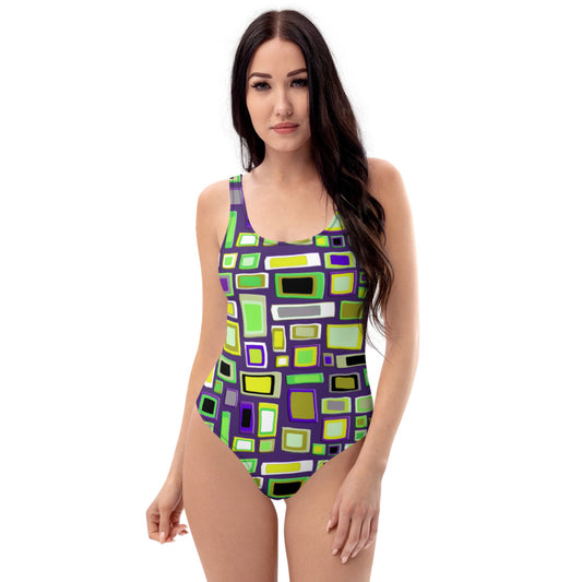 One-Piece Swimsuit | Yellow Purple Seventies Retro Style