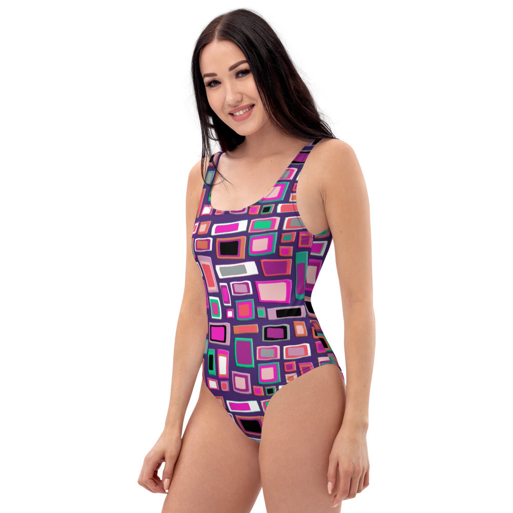 One-Piece Swimsuit | Pink Purple Seventies Retro Style