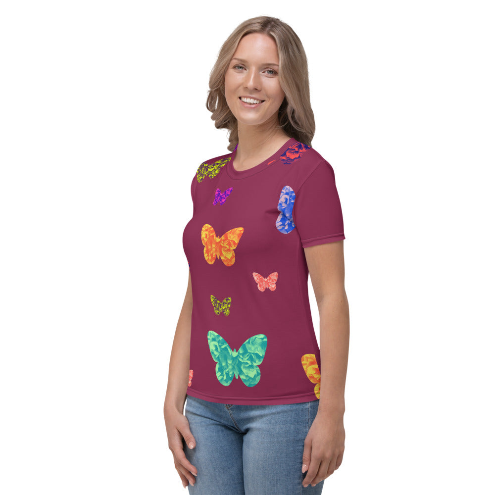 Womens burgundy t-shirt with colorful butterflies