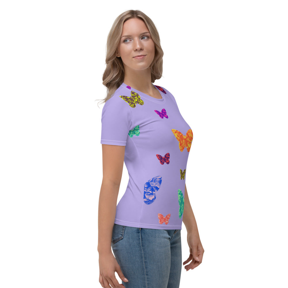 Womens lilac t-shirt with colorful butterflies