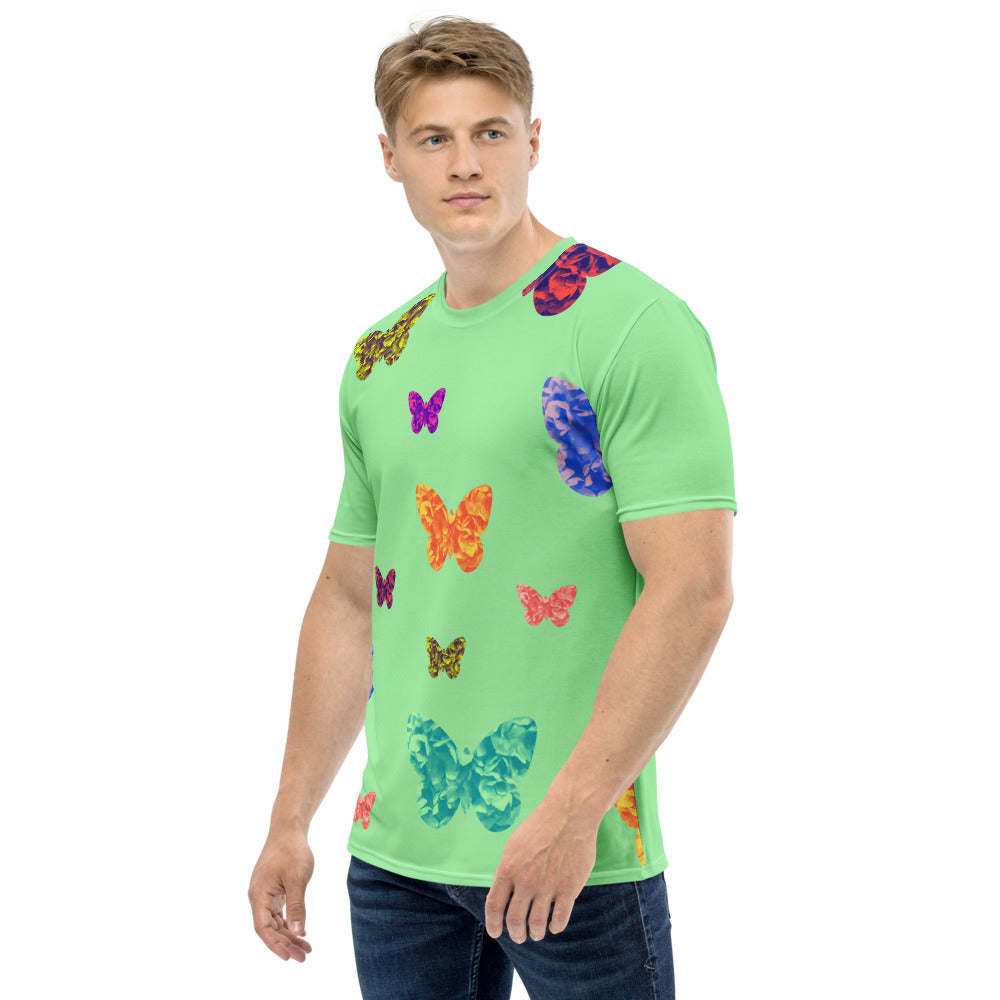 Mens light green t-shirt with colorful butterflies