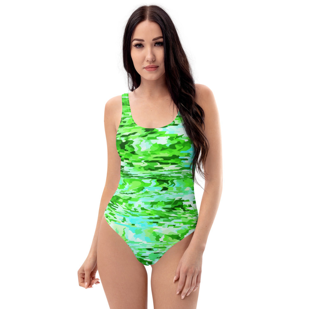 One-Piece Swimsuit | Green Turquoise Abstract Pattern