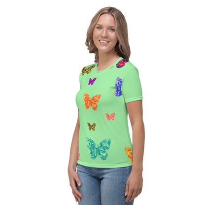 Womens light green t-shirt with colorful butterflies