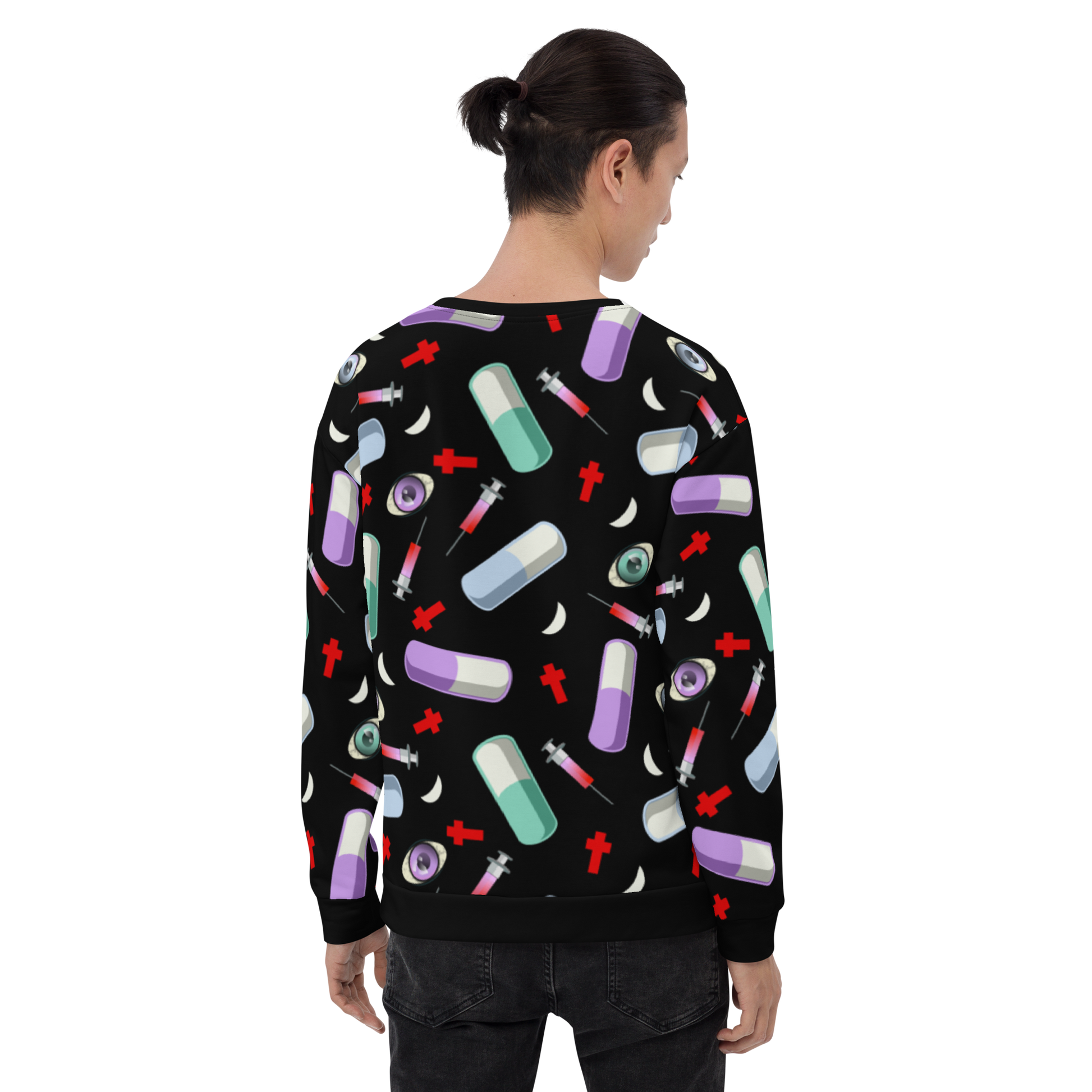 Pastel Goth Menhera Kei aesthetic all over print sublimation with pills, syringes, crosses and eyeballs for a Yami Kawaii fashion look on this black sweatshirt sweater by Billingtonpix