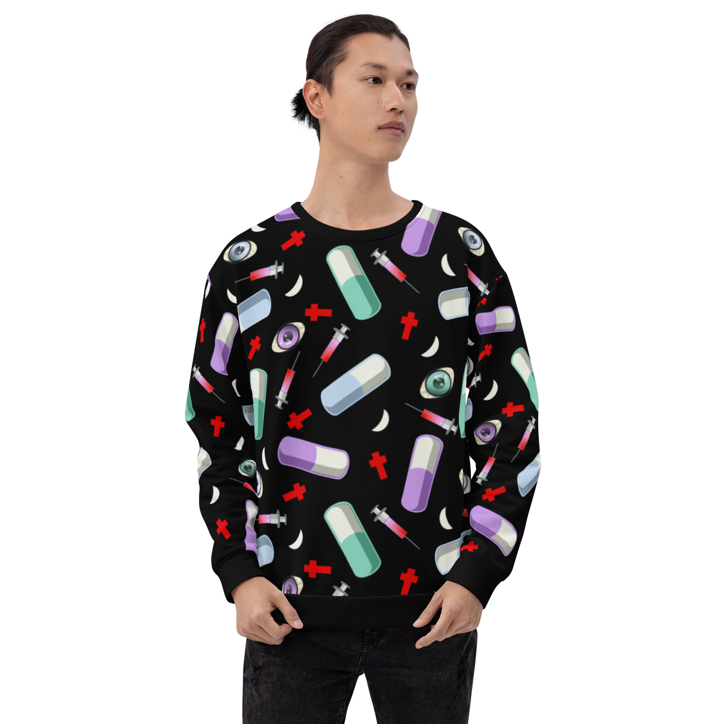 Pastel Goth Menhera Kei aesthetic all over print sublimation with pills, syringes, crosses and eyeballs for a Yami Kawaii fashion look on this black sweatshirt sweater by Billingtonpix