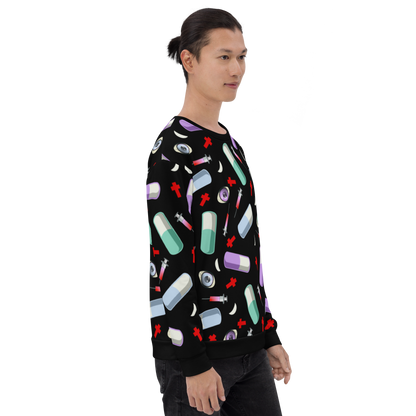 Pastel Goth Menhera Kei aesthetic all over print sublimation with pills, syringes, crosses and eyeballs for a Yami Kawaii fashion look on this black sweatshirt sweater by Billingtonpix