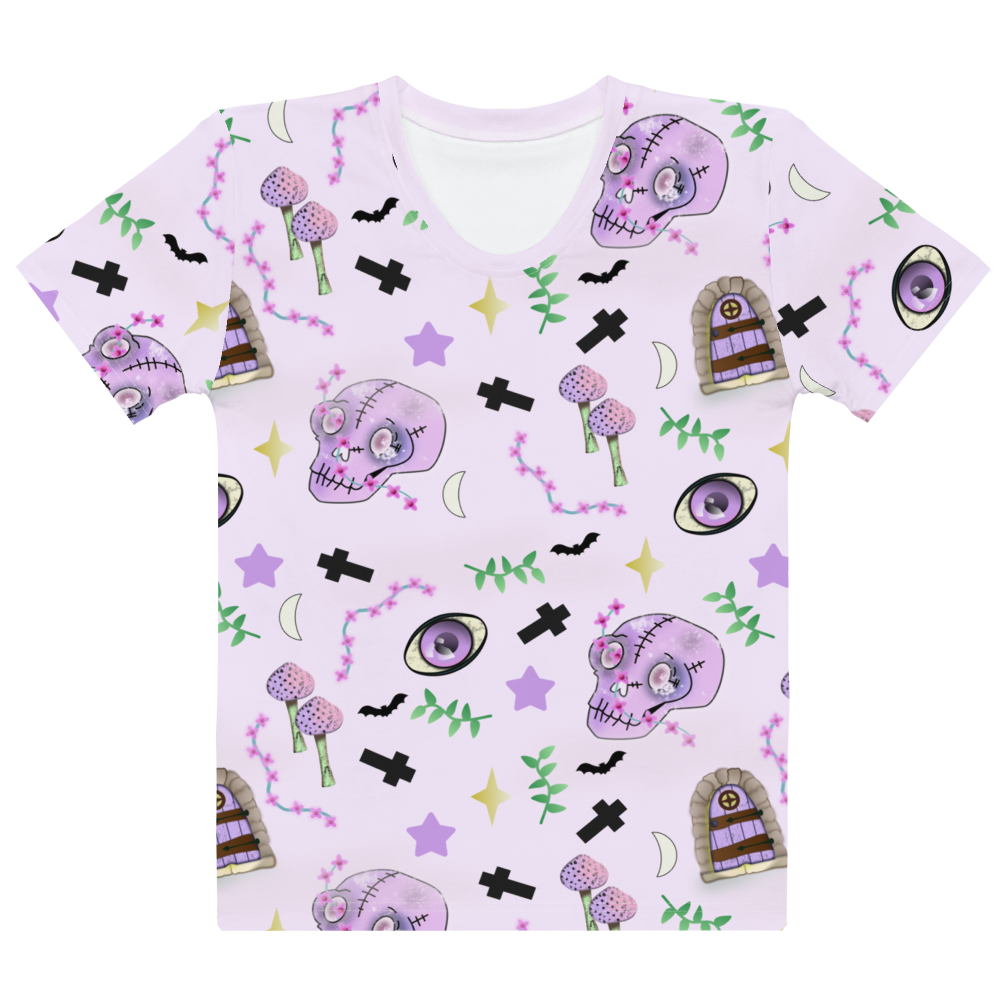 Pastel pink t-shirt for women in Harajuku pastel goth style. Features spooky skulls, crosses, mushrooms , grottos and stars on this Halloween all over print t-shirt by BillingtonPix