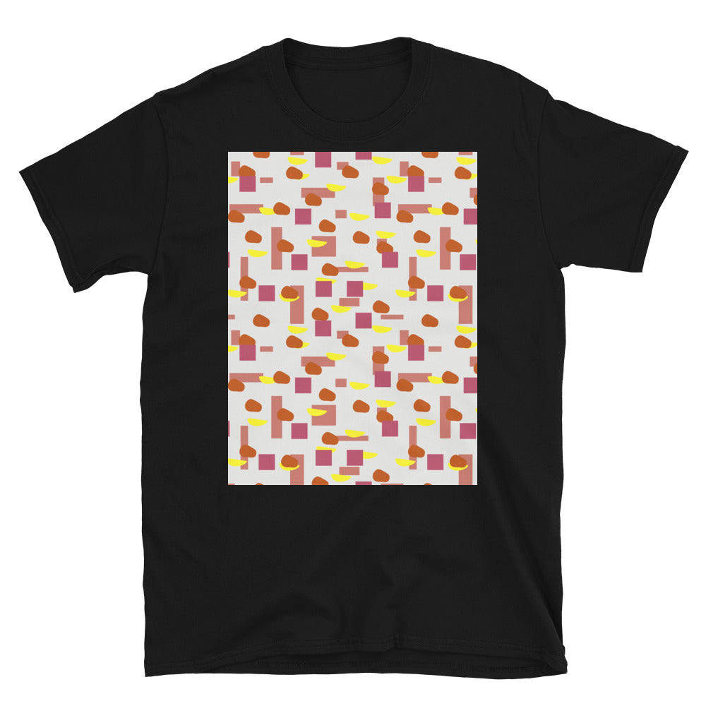 Colorful orange, yellow, red and purple geometric abstract shapes on a cream background on this Alexander Girard inspired t-shirt