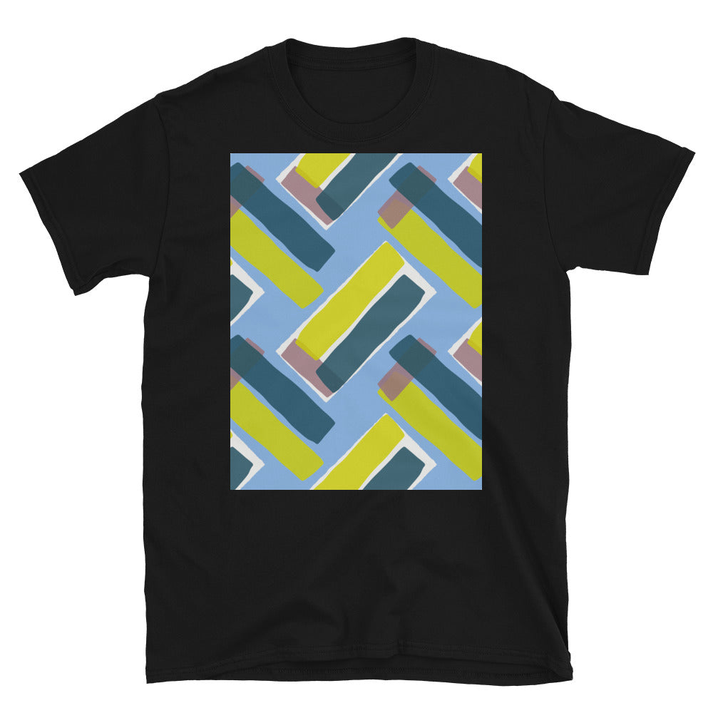 The vintage style graphic design printed on the front of this tee consists of diagonal color blocks in an alternating criss-cross format on a cerulean blue background