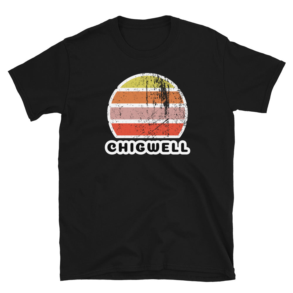 Vintage retro sunset in yellow, orange, pink and scarlet with the name Chigwell beneath on this black t-shirt