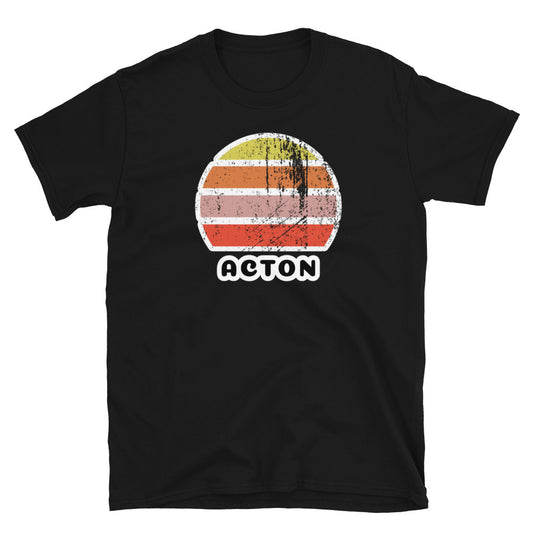 Vintage distressed style abstract retro sunset in yellow, orange, pink and scarlet with the name Acton beneath on this black t-shirt